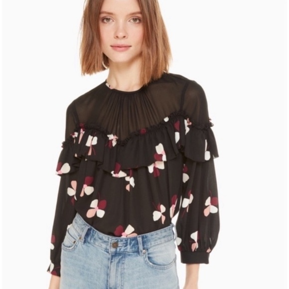 Kate Spade Glitzy Ritzy Dusk Buds Black Ruffle Top Size Small Women - Picture 1 of 14